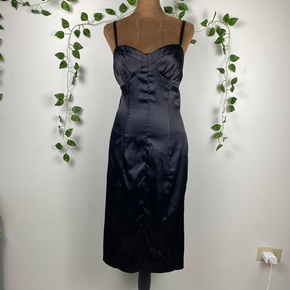 Vintage La Belle Black Satin formal Midi Dress cocktail party little black dress